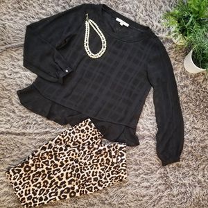 Loft Black Checkered Print Long Sleeved Peplum